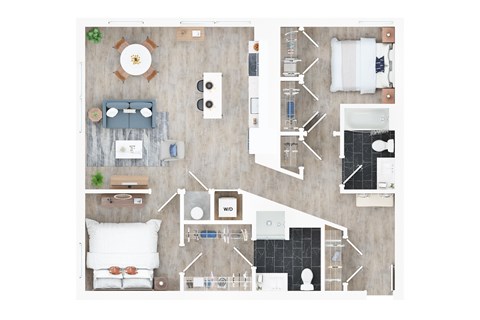 Floor plan for 2 beds, 2 baths, 1055 sqft